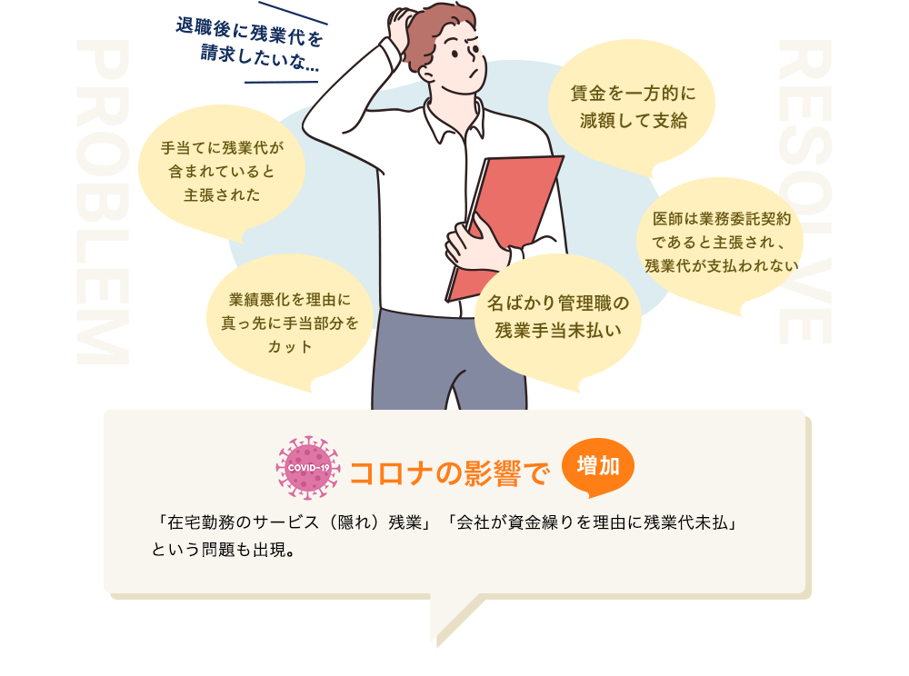 手当てに残業代が含まれていると主張された 賃金を一方的に減額して支給 医師は業務委託契約であると主張され、残業代が支払われない 名ばかり管理職の残業手当未払い 業績悪化を理由に真っ先に手当部分をカット