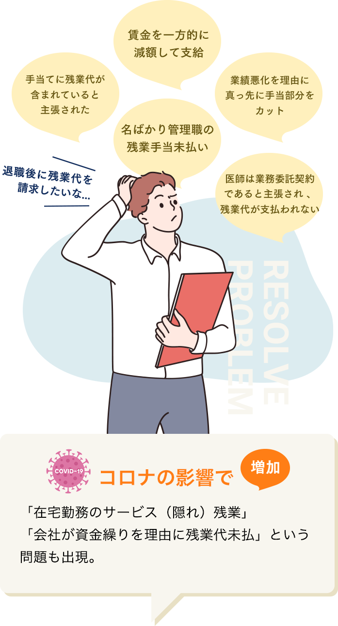 手当てに残業代が含まれていると主張された 賃金を一方的に減額して支給 医師は業務委託契約であると主張され、残業代が支払われない 名ばかり管理職の残業手当未払い 業績悪化を理由に真っ先に手当部分をカット