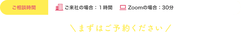 ご相談時間ご来社の場合：１時間Zoomの場合：30分まずはご予約ください