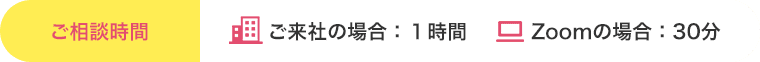 ご相談時間 ご来社の場合:1時間 Zoomの場合:30分